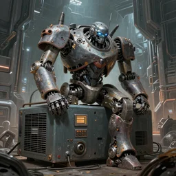 A comic book style portrait painting of a beaten up robot on a massive electrical generator in an epic technological megastructure, unreal 5, DAZ, hyperrealistic, octane render, RPG portrait, dynamic lighting