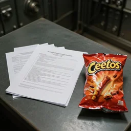a poorly lit bank vault with top secret documents and a bag of cheetos on the table, highly detailed, soft shadows