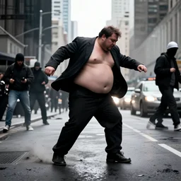 [ 1 6 k ] a fat man stomping over new york city. terrorist attack
