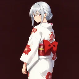 beautiful girl, silver hair, white kimono with complex red flower (patterns), full body, looking to camera, showing her shoulder from back, ilustration by ((Takehiko Inoue)) ((and Krenz Cushart))