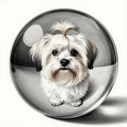 self - portrait of a havanese dog reflected in a chrome sphere, by m c escher pen and paper