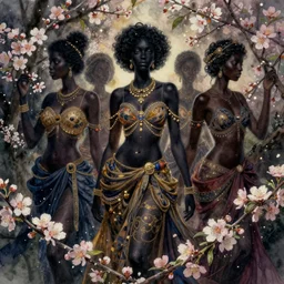 a beautiful watercolour of black goddesses in a sea of blossom, flowers, lights, in the style of delphin enjolras, intricate, ultrarealistic, cinematic, dynamic lighting, artstation.