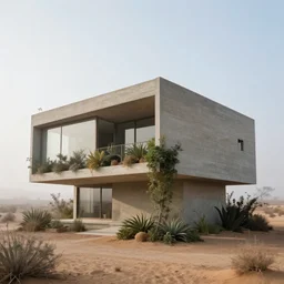 a brutalist architecture concrete house with overgrown plants. the house stands in a desert landscape. photo of the entire house. designed by alejandro aravena. 1 6 mm lens, morning fog