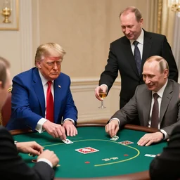 donald trump and jesus christ playing poker while putin serves drinks and smiles