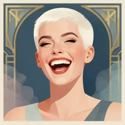 illustration portrait of a woman with white buzzcut laughing out loud, art deco painting by tom whalen, funny meme photo, trending on behance, digital illustration, storybook illustration, grainy texture, flat shading, vector art, airbrush, pastel, watercolor, poster