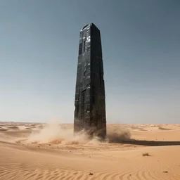 high quality dslr photograph of a mysterious gigantic black monolith emerging from the middle of a barren desert. alien structure, masterpiece, stunning, amazing, super resolution. atmospheric, Extremely detailed
