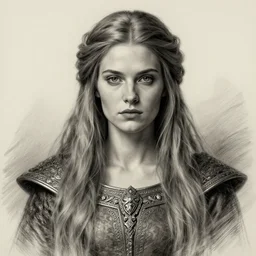 lovely nordic medieval queen with long hair, character portrait, sketch, concept art, intricate details, highly detailed photorealistic, portrait, in the style of adam hughes, seseon yoon, artgerm and warren louw