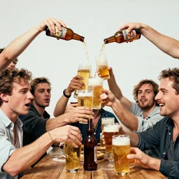 incredible absurd surreal photoshoot advertisement for beer, people enjoying beer in the style of tim walker and by michael bay action movie, people pouring beer on top of each other, celebration of beer and alcohol, vsco film grain