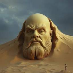 the giant sand sculpted face of kenneth mcmillan as baron vladimir harkonnen emerging from a sand dune, cinematic, surrealistic, supernatural, artstation