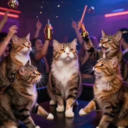 A photo of cats having a wild party in a nightclub, very detailed and photorealistic image, beautiful scene