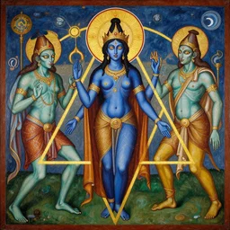 triad of blue - skinned extraterrestrial creator goddess and two alien cyan - skinned thaumaturgic gods, glowing eyes, roman renaissance greek painting, savage hindu deities by roberto ferri, triangle, golden ratio, cycles, very colorful, blasphemous orthodox icon