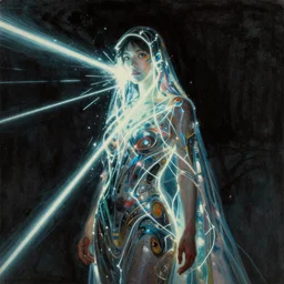 gum bichromate print of awe-inspiring award-winning concept art full body face portrait painting of lithe, attractive anglerfish cyberpunk Ashley Liao in neon shrouds as the goddess of lasers, sparks, by Julie Bell, Jean Delville, Virgil Finlay, Alphonse Mucha, Ayami Kojima, Amano, Charlie Bowater, Karol Bak, Greg Hildebrandt, Jean Delville, Frank Frazetta, Peter Kemp, and Pierre Puvis de Chavannesa, extremely moody lighting, glowing light and shadow, atmospheric, shadowy, cinematic, 8K,