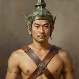 smart ramkhamheang of sukhothai, closeup portrait, without beard and mustache, historical hero, ethnic group, tai costume, thai transitional bronze headdress, intricate, with leather armor cross on bare chest, elegant, loin cloth, highly detailed, oil painting, artstation, concept art, matte, sharp focus, illustration, hearthstone, art by earl norem