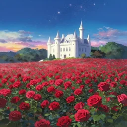 very very beautiful dreamin, sea of flowers, red roses, a simple and atmospheric white castle, beautiful starry sky, colourful diffuse light, by makoto shinkai