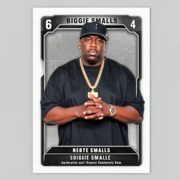 trading card featuring notorious big with symmetrical attributes, biggie smalls rap music trading card - h 6 4 0