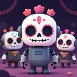 happy robot in the day of the dead style, smiling, digital illustration, amazing detail, 3 d render, by deema egorov and sebastian jm, concept art, vivid neon colors, solid background