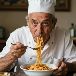 extremely detailed portrait of old italian cook, eating spaghetti from a bowl, using fork, lazy eyes, slurping spaghetti, dirty short sleeved shirt, full frame, award winning photo by unknown
