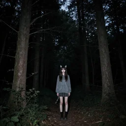 a catgirl caught on midnight trail cam, night, tall trees, morbid, uncanny, artstation