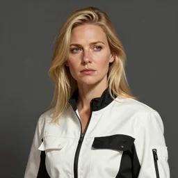 Portrait of a woman by Greg Rutkowski, she is about 40 years old, pretty, blond hair with two strans around her face, slavic features, melancholic gaze, pretty aquiline nose, affectionate mom vibes, she is wearing a white and black utilitarian jumpsuit, highly detailed portrait, digital painting, artstation, concept art, smooth, sharp foccus ilustration, Artstation HQ.