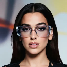 A photorealistic portrait of dua lipa wearing futuristic glasses on an abstract background, album cover design