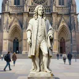 highly detailed painting of a statue of bach infront of a cathedral, people are walking past the statue and cathedral, 4 k resolution, by jaquis luis david, visible paint layers, renaissance.