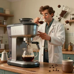 a hyper complex drip coffee maker in the 1 9 7 0 s era kitchen, a coffee scientist dressed in a lab coat taste testing the coffee hownosm and james jean, ultimate collab, epic, unreal engine 5, coming to life popping out of the wall 3 d, h 6 4 0