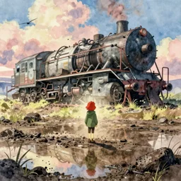 wholesome animation key shot, ultra wide, parka redhead alone explore an abandoned schwerer gustav!!!!, thick mud, metal reflection, studio ghibli, pixar and disney animation, sharp, disney concept art watercolor illustration by mandy jurgens and alphonse mucha and alena aenami, pastel color palette, bloom!!! dramatic lighting