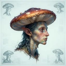 portrait of triangular mushroomfolk head and shoulders, in the style of Greg Broadmore and Arthur Rackham and Moebius, trending on artstation, light lighting side view,digital art,surrealism ,macro,blueprint ,vaporwave ,