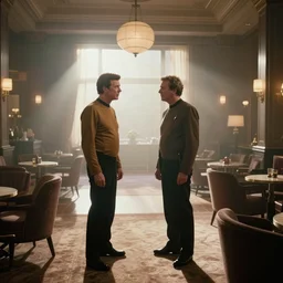 photorealistic wide two shot cinematography of james t kirk acting in a twilight zone episode shot on film at magic hour with the sun shining into a large 6 0's hotel lobby room filled with volumetric haze by the shining cinematographer john alcott on a cooke panchro 6 5 mm macro lens.