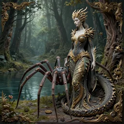a woman with a dragon like body, by anne stokes and kaja foglio, a giant spider crawling through a forest next to a lake, by michael komarck and john howe, lovecraftian, finely detailed, small details, extra detail, insane details, intricate, elite, ornate, elegant, luxury, dramatic lighting, octane render, weta digital, micro details, 3 d sculpture