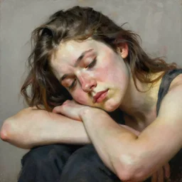 high quality high detail painting by lucian freud, hd, exhausted girl portrait, photorealistic lighting