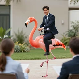 businessman confidently riding a flamingo into meeting, hyper detailed, 4k