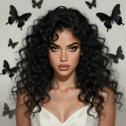 portrait of a beautiful woman with curly black hair and fierce eyes wearing white dress l black butterflies background, digital painting, concept art, trending on artstation, deviantart, wonderful face, perfect skin shade, symmetrical face, wlop, 8 k