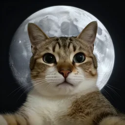a very pretty cat taking a selfie in the foreground at the moon, ultrarealistic, super detailed, creepy,
