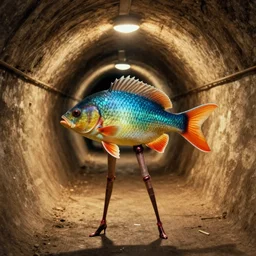 5 0 s movie still of a human fish with skinny legs in a tunnel, cinestill 8 0 0 t 3 5 mm technicolor, heavy grain, high quality, high detail