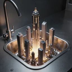 futuristic city growing inside stainless steel kitchen sink by ross tran, thierry doizon, craig mullins, ilya kuvshinov, artgerm, edward hopper, dan mumford, wlop, rutkovsky, carl spitzweg, moebius, unreal engine 5, lumen, nanite