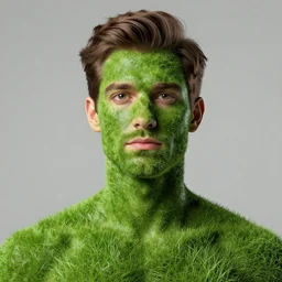 professional photo of a man with grass as skin!!! studio lighting, very detailed, unreal engine, canon photo!!!!, professional lighting, good composition, rule of thirds, winning award photo, real man with grass as skun, real, grassman