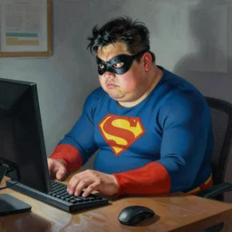 a insanely detailed painting of a chubby masked asian man wearing a superhero costume sitting at a desk, staring at the nervously at the computer typing, in the style of peter mohrbacher, dramatic lighting and composition, trending on artstation, concept art, comic book