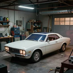 a cinematic matte painting of a boxy 1 9 6 0 s vaporwave retro - futurism sci - fi car with solar panels on roof and doors in a cluttered garage in mumbai. by eric lafforgue, glennray tutor and edward hopper, greg rutkowski. trending on artstation.