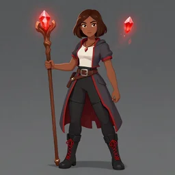 young-looking dark-skinned female mage with brown bob-cut hair, wearing white shirt and necklace with grey short-sleeved jacket with red trim, belt, black pants and boots with red lacing, and carrying a wooden staff with floating red crystals. illustrated by Viorie