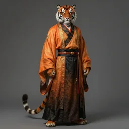 beautiful fantasy character portrait, male warrior, anthropomorphic tiger, dressed in fluent long oriental clothes, gradient orange to black, hyper realistic, highly detailed by peter mohrbacher, wayne barlowe, boris vallejo, paolo eleuteri serpieri
