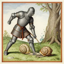 a 1 5 th century medieval manuscript illustration of a knight stabbing a large snail