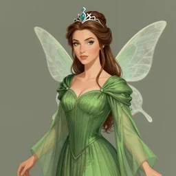 A beautiful Queen of the Fae with brown hair wearing a pleated green dress and a silver diadem, illustration by Greg and Tim Hildebrandt