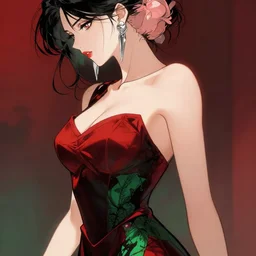 gorgeous woman with silver earrings, wearing an elegant dress, side view, sexy body, red and black and green colors, in the style of greg rutkowski, anime artstyle, intricate