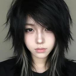 a pale emo girl with messy black hair, a dyed hair highlight, soft facial features, bangs covering one eye, neutral expression, myspace picture
