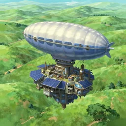 a floating city held up by zeppelins over rolling green hills. solar punk. hayao miyazaki. photorealistic render