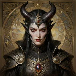 portrait of a satanic demon knight, detailed face, upper body, decorated, intricate, elegant, highly detailed, digital painting, artstation, concept art, smooth, sharp focus, illustration, art by artgerm and greg rutkowski and alphonse mucha, 8 k