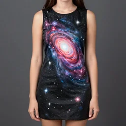 A woman wearing a black dress painted with galaxies
