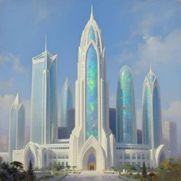 the delicate opal skyscrapers beautifully showcase elven architecture. oil painting by the award - winning concept artist