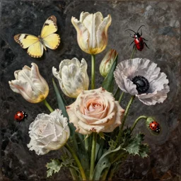 bouquet of tulips, roses and an opium poppy, with a pale clouded yellow butterfly, a red longhorn beetle and a sevenspotted ladybug by flemish - born painter gerard van spaendonck, ernst haeckel, oil on marble